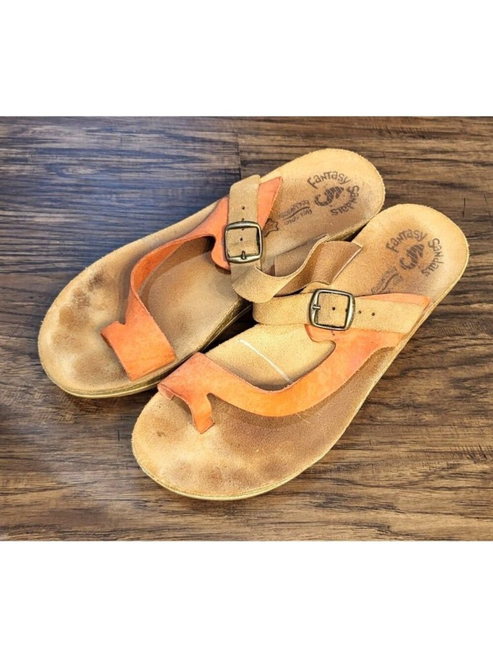 Womens Orange Tan Fantasy Toe Loop Leather Sandals Size 41